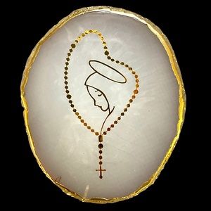 Handcrafted oval white/gold acrylic rosary plate it is about 3.5” x 3.9”